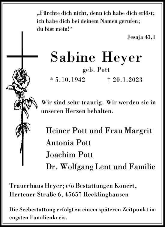 Traueranzeige von Sabine Heyer von Medienhaus Bauer
