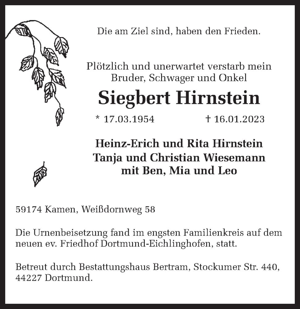  Traueranzeige für Siegbert Hirnstein vom 11.02.2023 aus 
