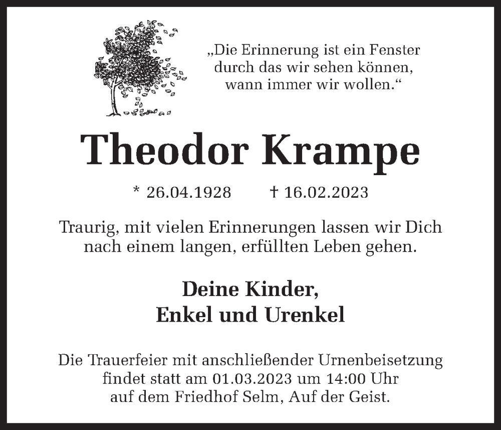  Traueranzeige für Theodor Krampe vom 25.02.2023 aus Ruhr Nachrichten