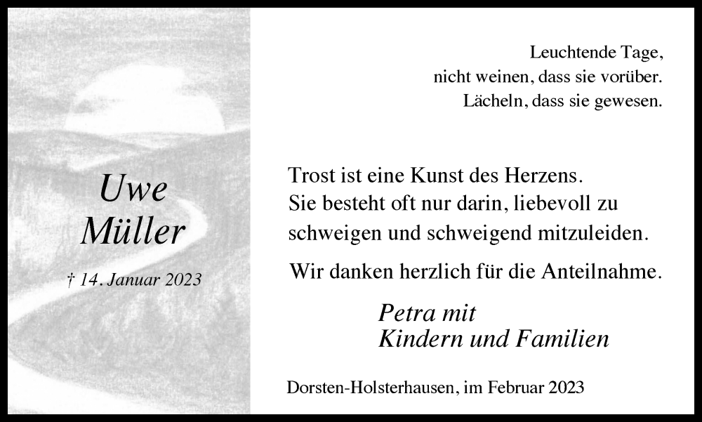  Traueranzeige für Uwe Müller vom 25.02.2023 aus Ruhr Nachrichten und Dorstener Zeitung
