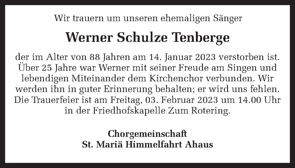  Traueranzeige für Werner Schulze Tenberge vom 01.02.2023 aus Münstersche Zeitung und Münsterland Zeitung