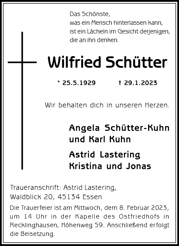  Traueranzeige für Wilfried Schütter vom 04.02.2023 aus Medienhaus Bauer