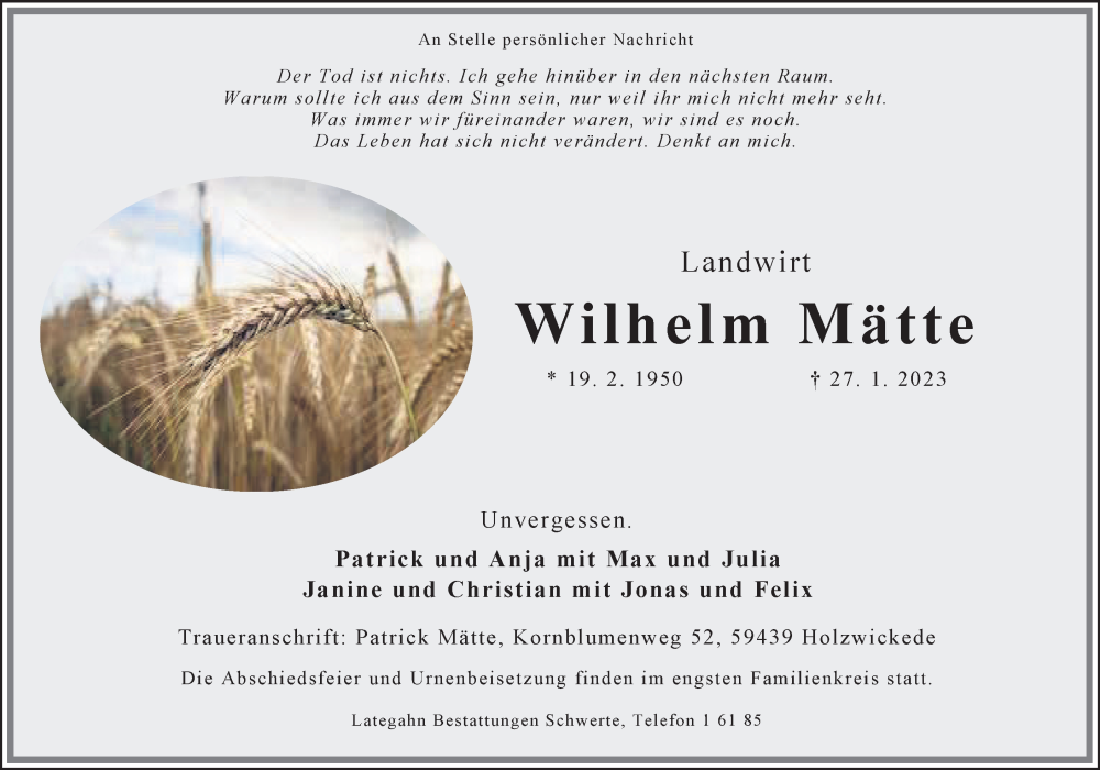 Traueranzeige für Wilhelm Mätte vom 01.02.2023 aus Ruhr Nachrichten