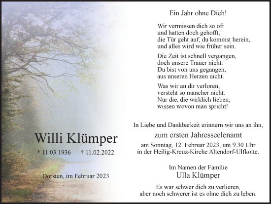 Traueranzeige von Willi Klümper von Ruhr Nachrichten und Dorstener Zeitung