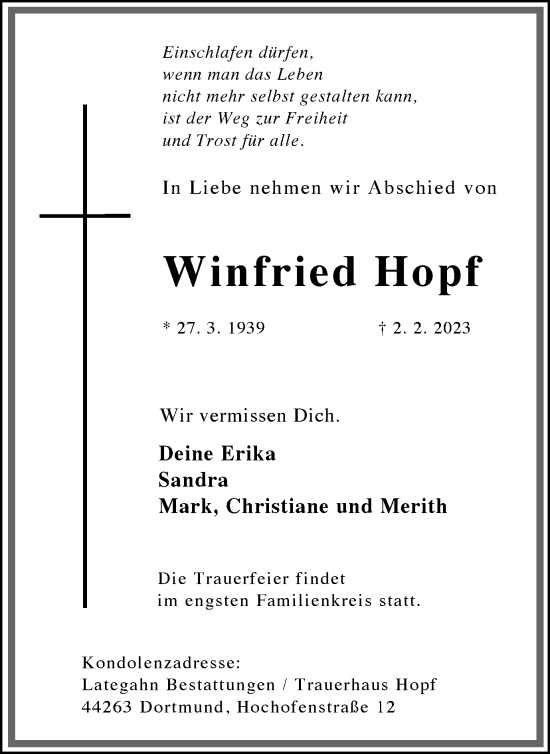 Traueranzeige von Winfried Hopf 