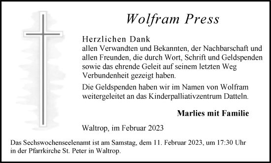 Traueranzeige von Wolfram Press von Medienhaus Bauer