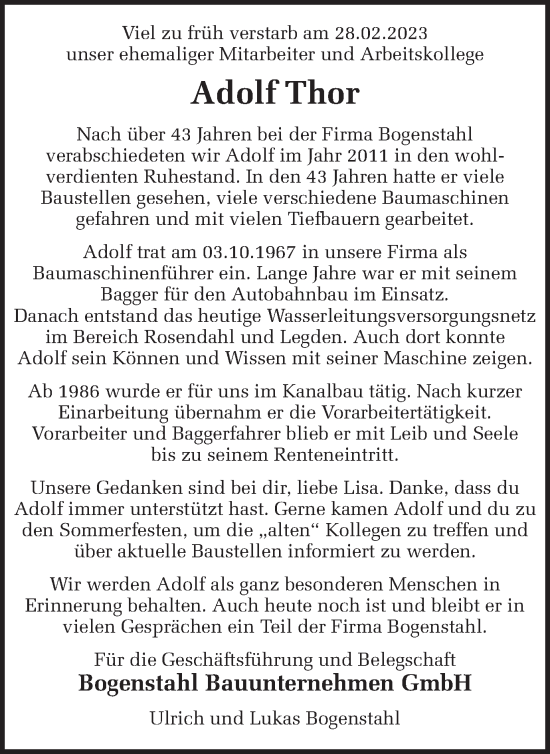 Traueranzeige von Adolf Thor von Münstersche Zeitung und Münsterland Zeitung