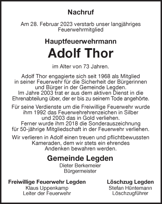 Traueranzeige von Adolf Thor von Münstersche Zeitung und Münsterland Zeitung