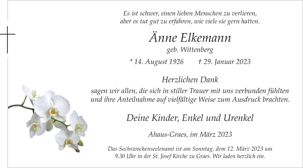  Traueranzeige für Änne Elkemann vom 09.03.2023 aus Münstersche Zeitung und Münsterland Zeitung