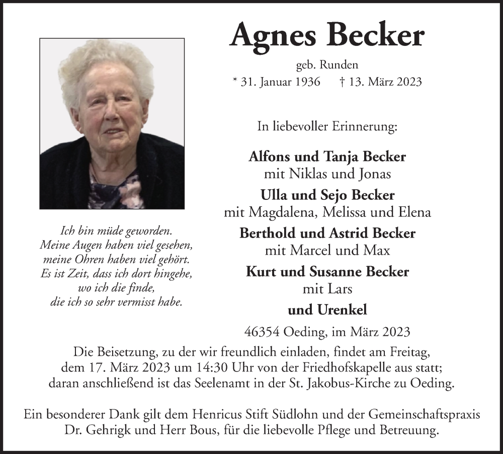  Traueranzeige für Agnes Becker vom 16.03.2023 aus Münstersche Zeitung und Münsterland Zeitung