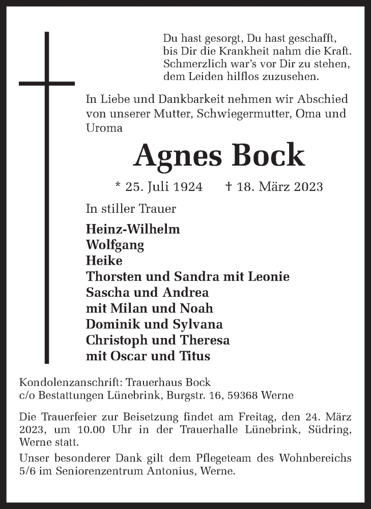  Traueranzeige für Agnes Bock vom 21.03.2023 aus Ruhr Nachrichten