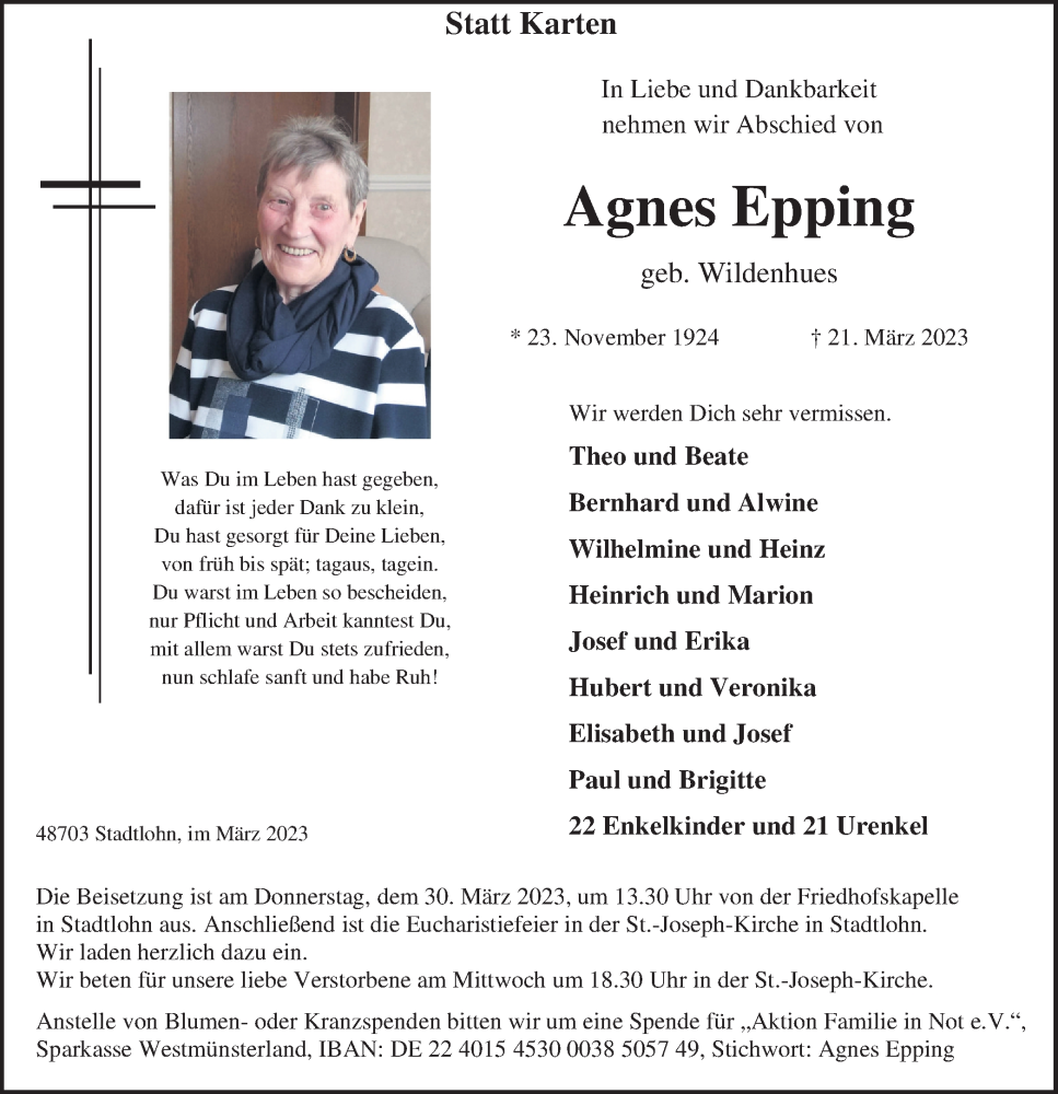  Traueranzeige für Agnes Epping vom 25.03.2023 aus Münstersche Zeitung und Münsterland Zeitung