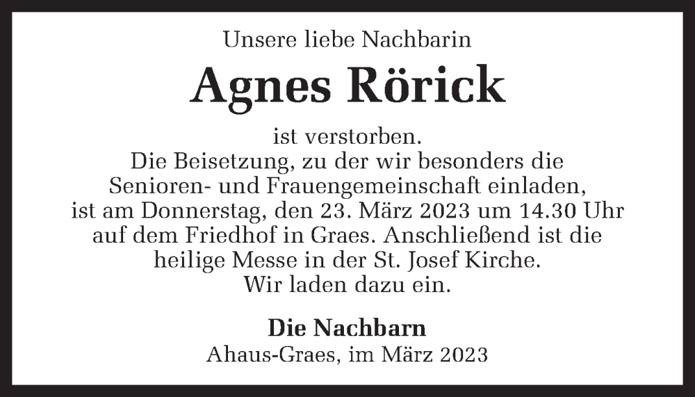 Traueranzeige für Agnes Rörick vom 22.03.2023 aus Münstersche Zeitung und Münsterland Zeitung