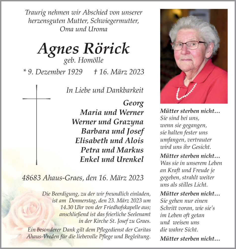  Traueranzeige für Agnes Rörick vom 21.03.2023 aus Münstersche Zeitung und Münsterland Zeitung