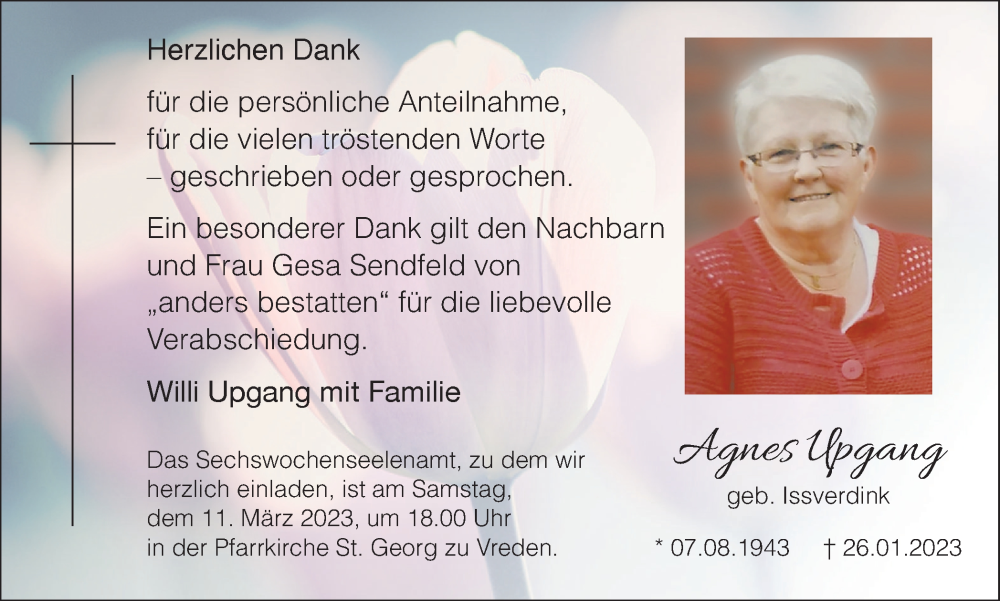  Traueranzeige für Agnes Upgang vom 08.03.2023 aus Münstersche Zeitung und Münsterland Zeitung
