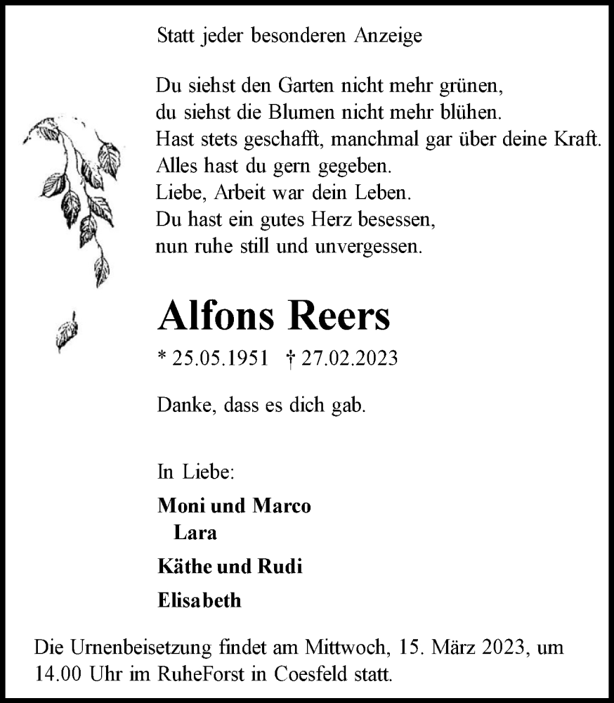  Traueranzeige für Alfons Reers vom 11.03.2023 aus Münstersche Zeitung und Münsterland Zeitung