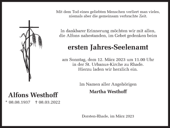 Traueranzeige von Alfons Westhoff von Ruhr Nachrichten und Dorstener Zeitung
