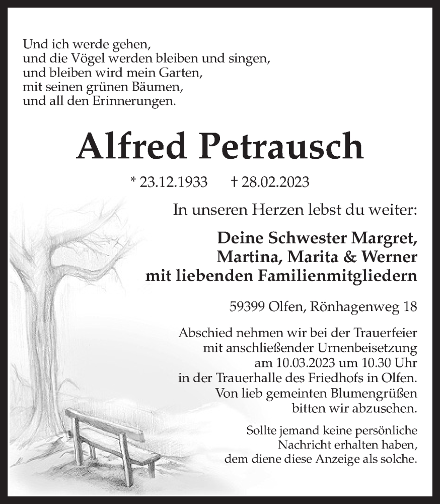  Traueranzeige für Alfred Petrausch vom 04.03.2023 aus Ruhr Nachrichten