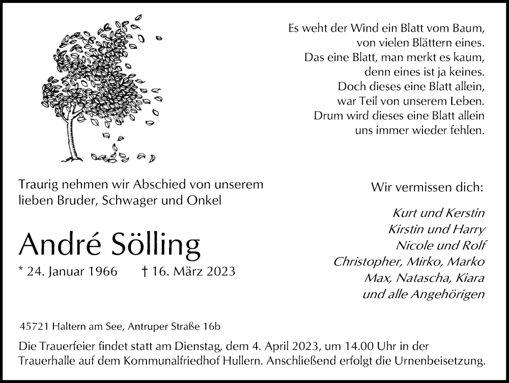  Traueranzeige für Andre Sölling vom 21.03.2023 aus Ruhr Nachrichten und Halterner Zeitung