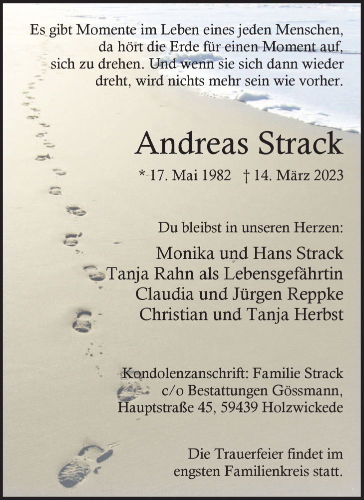  Traueranzeige für Andreas Strack vom 18.03.2023 aus Hellweger Anzeiger