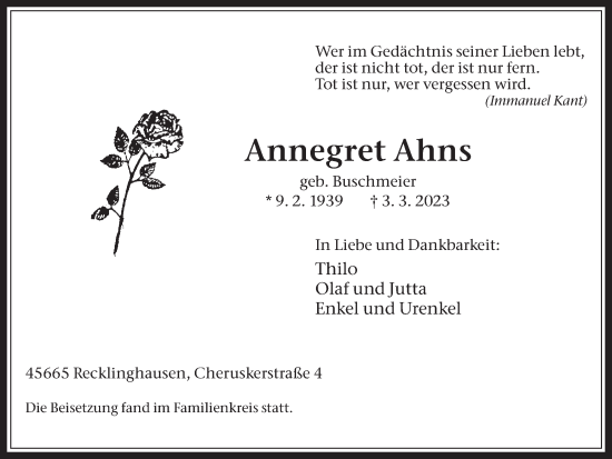 Traueranzeige von Annegret Ahns von Medienhaus Bauer