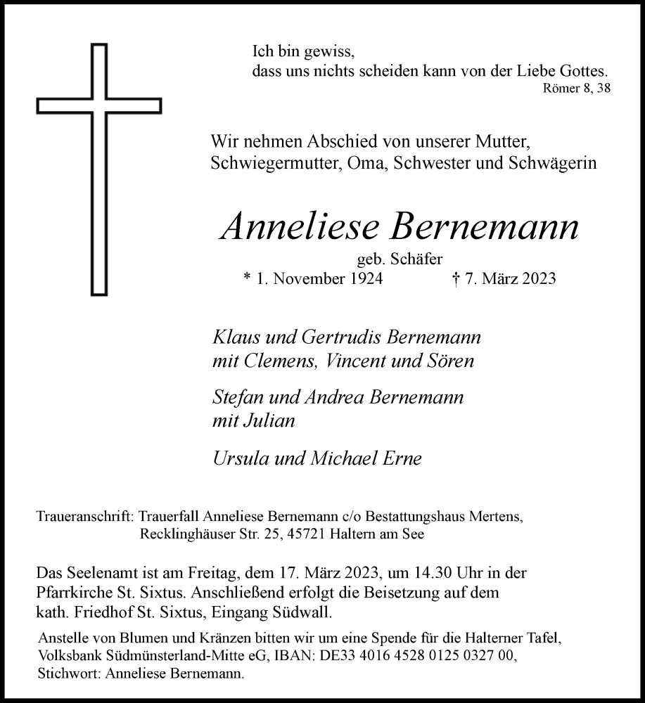  Traueranzeige für Anneliese Bernemann vom 11.03.2023 aus Ruhr Nachrichten und Halterner Zeitung