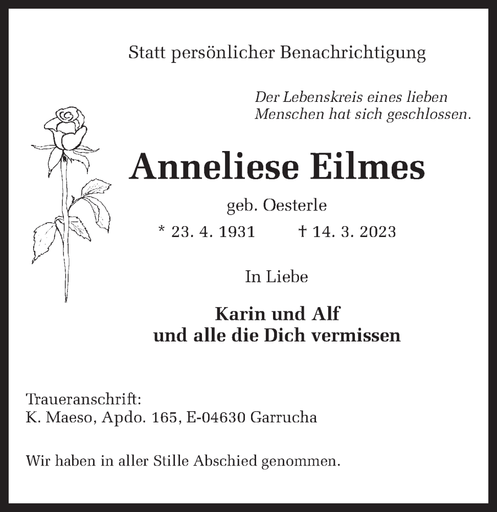  Traueranzeige für Anneliese Eilmes vom 18.03.2023 aus 