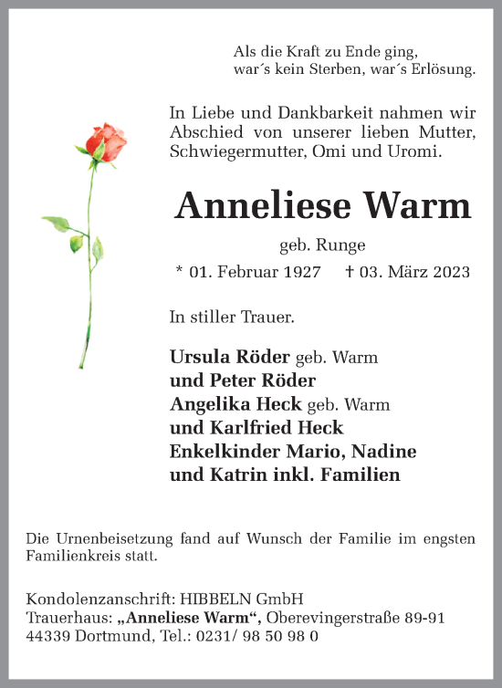 Traueranzeige von Anneliese Warm 