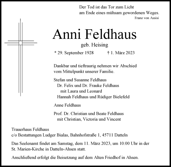 Traueranzeige von Anni Feldhaus von Medienhaus Bauer