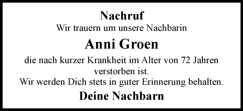 Traueranzeige für Anni Groen vom 24.03.2023 aus Münstersche Zeitung und Münsterland Zeitung