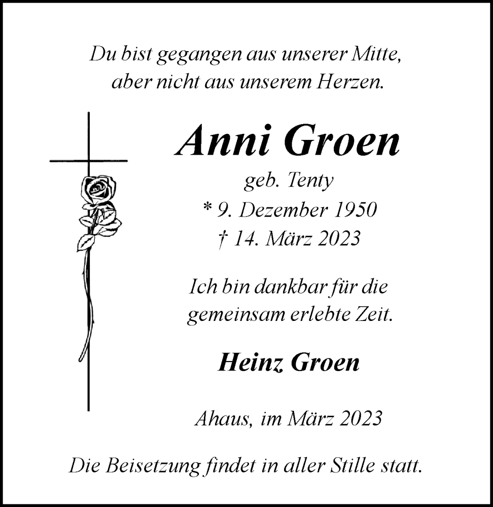  Traueranzeige für Anni Groen vom 23.03.2023 aus Münstersche Zeitung und Münsterland Zeitung