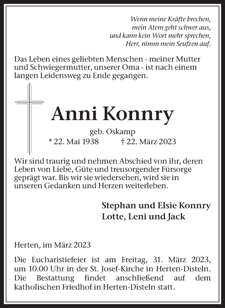  Traueranzeige für Anni Konnry vom 28.03.2023 aus Medienhaus Bauer