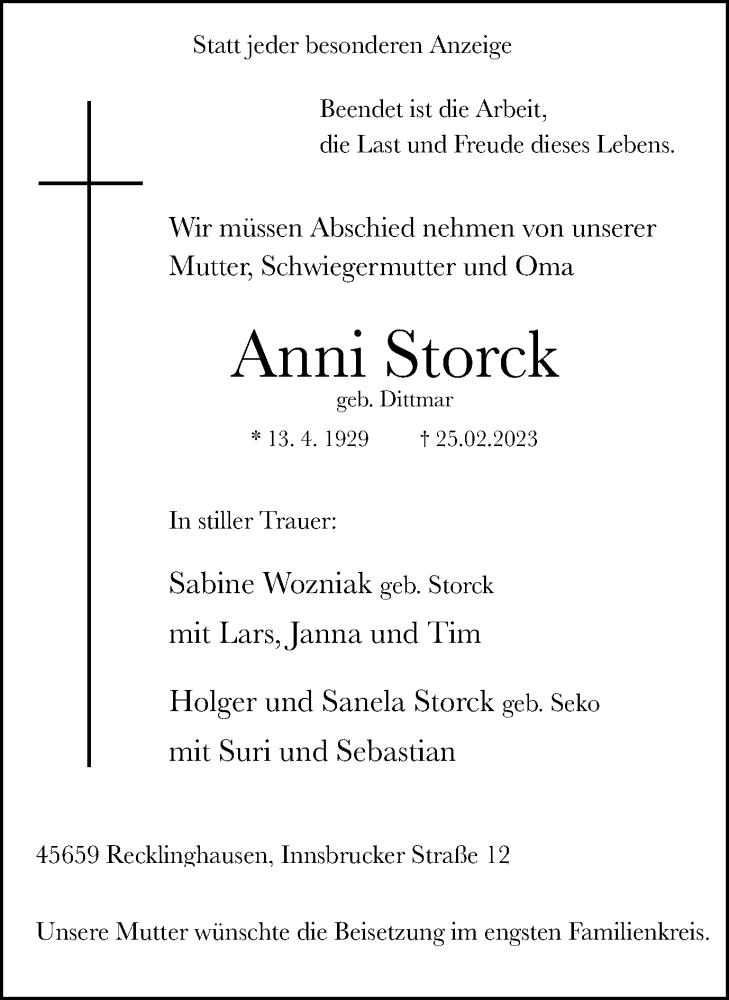  Traueranzeige für Anni Storck vom 04.03.2023 aus Medienhaus Bauer