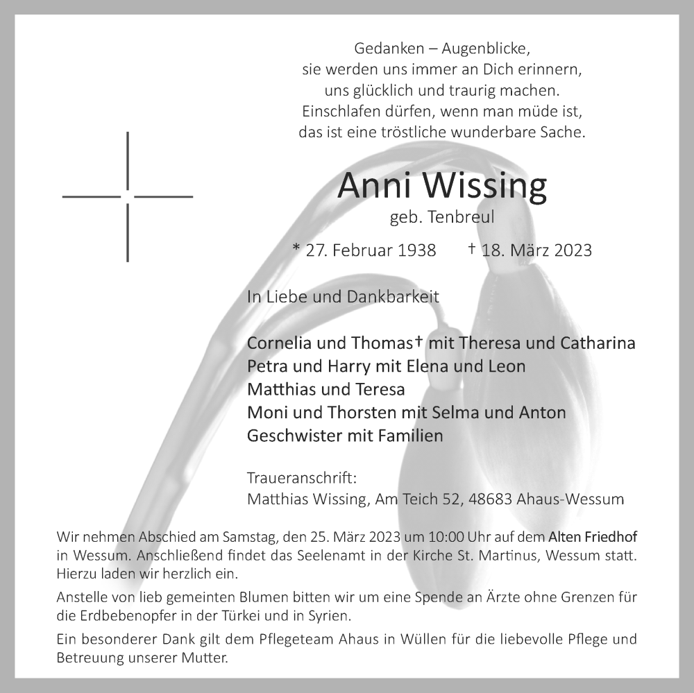 Traueranzeige für Anni Wissing vom 22.03.2023 aus Münstersche Zeitung und Münsterland Zeitung