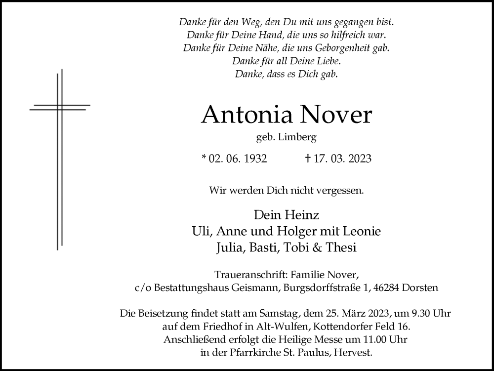  Traueranzeige für Antonia Nover vom 22.03.2023 aus Ruhr Nachrichten und Dorstener Zeitung