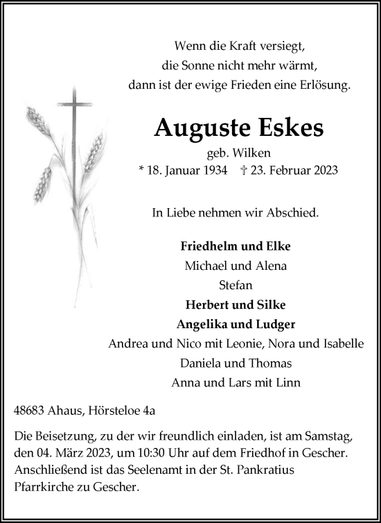 Traueranzeige von Auguste Eskes von Münstersche Zeitung und Münsterland Zeitung