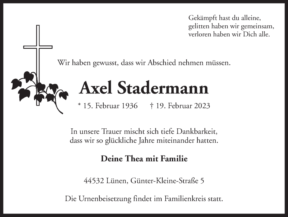  Traueranzeige für Axel Stadermann vom 11.03.2023 aus Ruhr Nachrichten