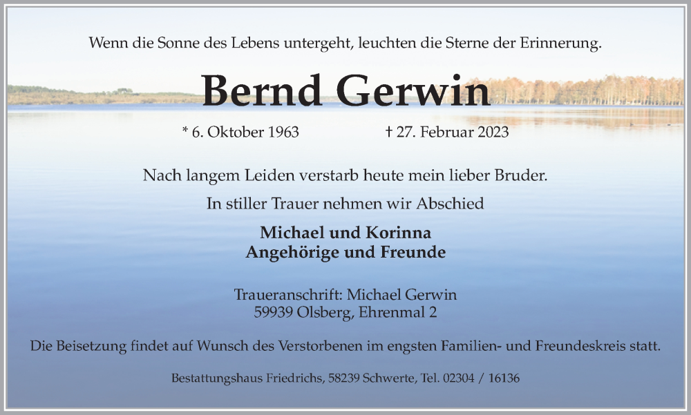  Traueranzeige für Bernd Gerwin vom 04.03.2023 aus Ruhr Nachrichten