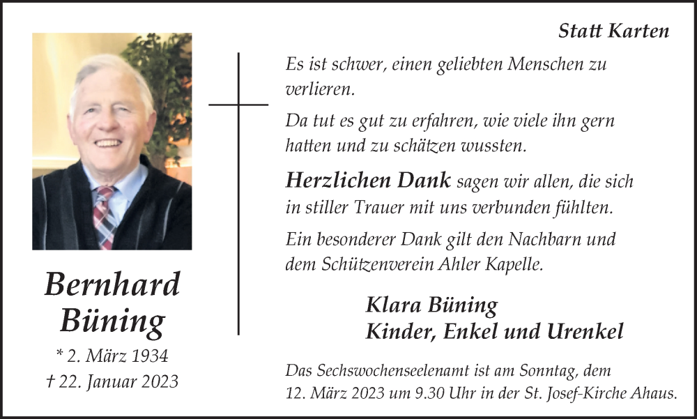  Traueranzeige für Bernhard Büning vom 08.03.2023 aus Münstersche Zeitung und Münsterland Zeitung