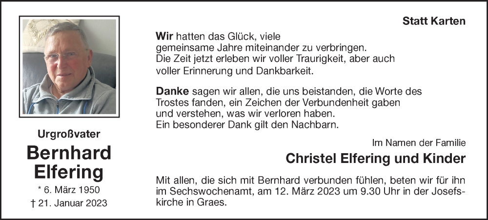  Traueranzeige für Bernhard Elfering vom 08.03.2023 aus Münstersche Zeitung und Münsterland Zeitung