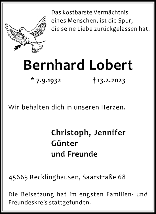 Traueranzeige von Bernhard Lobert von Medienhaus Bauer