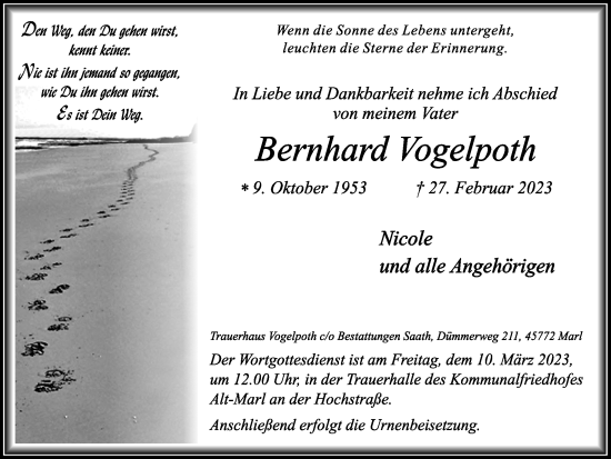 Traueranzeige von Bernhard Vogelpoth von Medienhaus Bauer