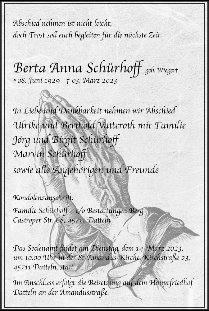  Traueranzeige für Berta Anna Schürhoff vom 11.03.2023 aus Medienhaus Bauer