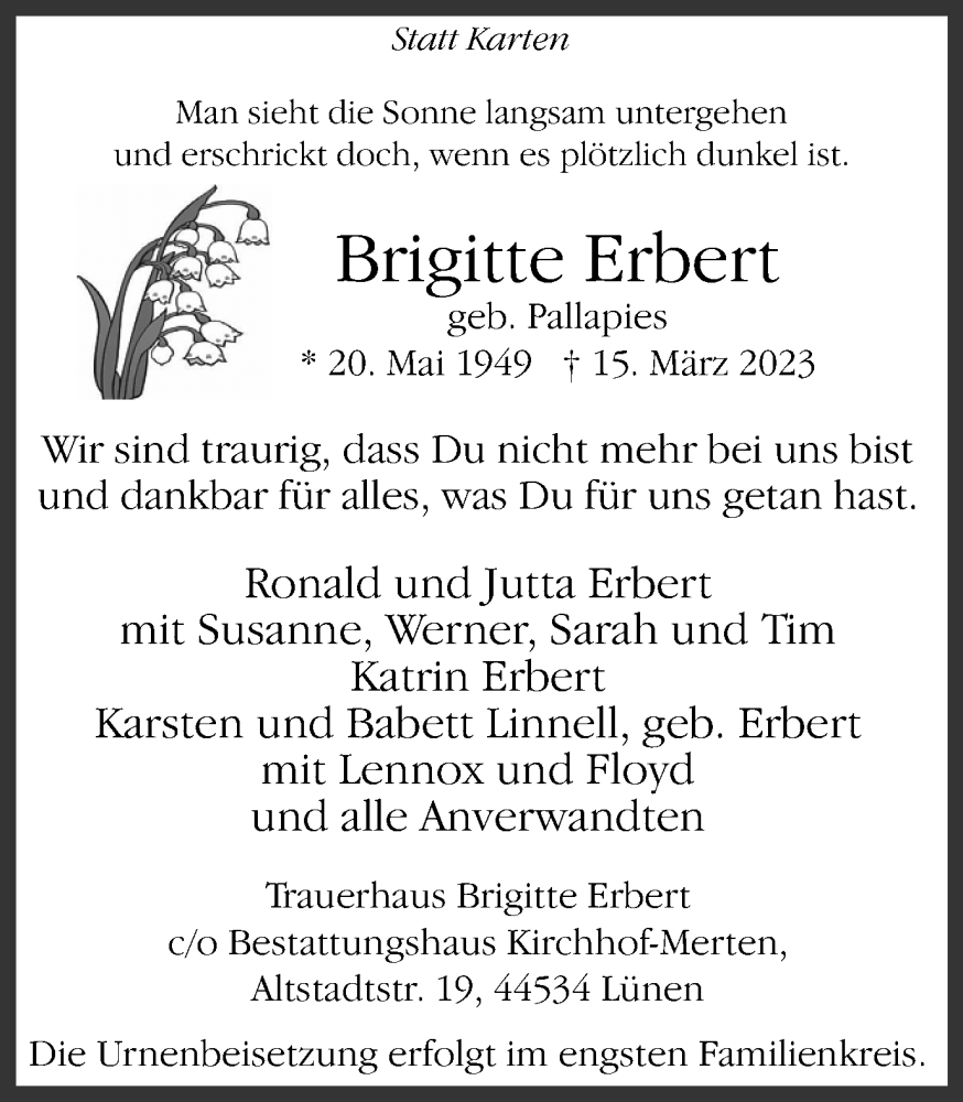  Traueranzeige für Brigitte Erbert vom 18.03.2023 aus Ruhr Nachrichten