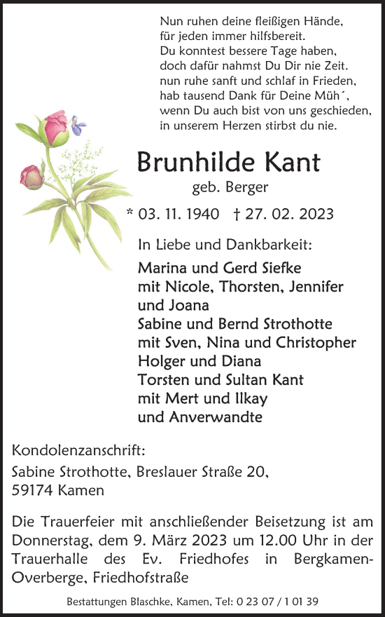 Traueranzeige von Brunhilde Kant von Hellweger Anzeiger