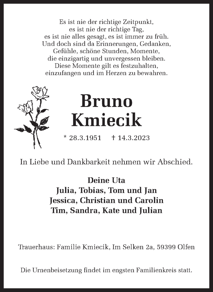  Traueranzeige für Bruno Kmiecik vom 18.03.2023 aus Ruhr Nachrichten