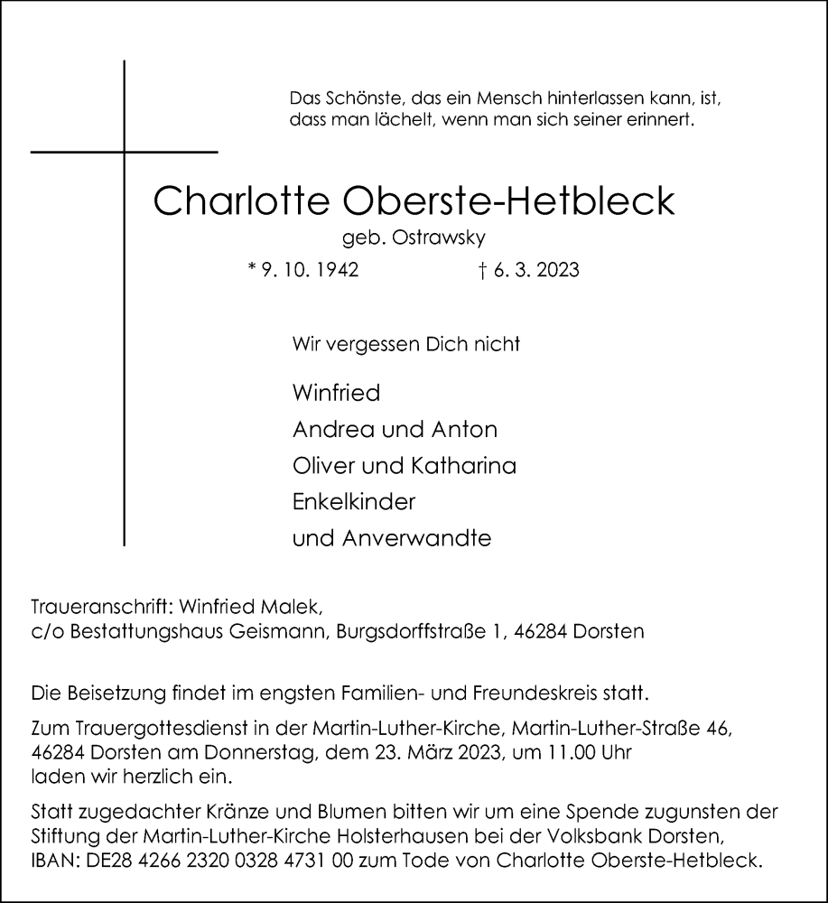  Traueranzeige für Charlotte Oberste-Hetbleck vom 18.03.2023 aus Ruhr Nachrichten und Dorstener Zeitung