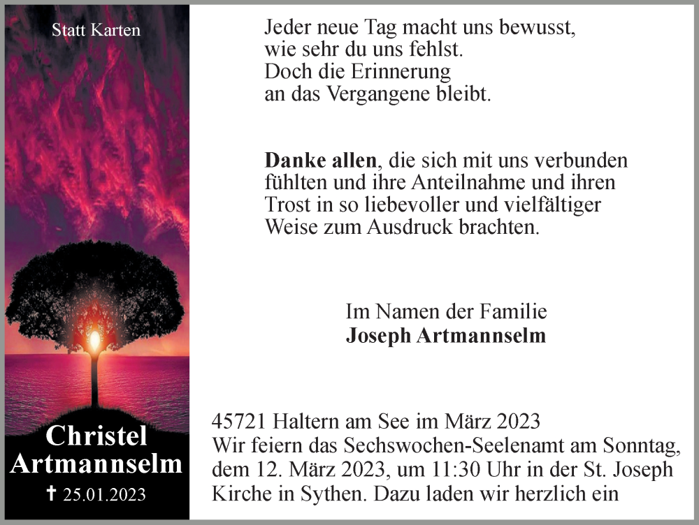  Traueranzeige für Christel Artmannselm vom 08.03.2023 aus Ruhr Nachrichten und Halterner Zeitung