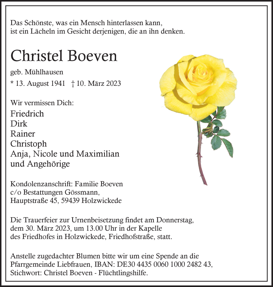  Traueranzeige für Christel Boeven vom 18.03.2023 aus Hellweger Anzeiger