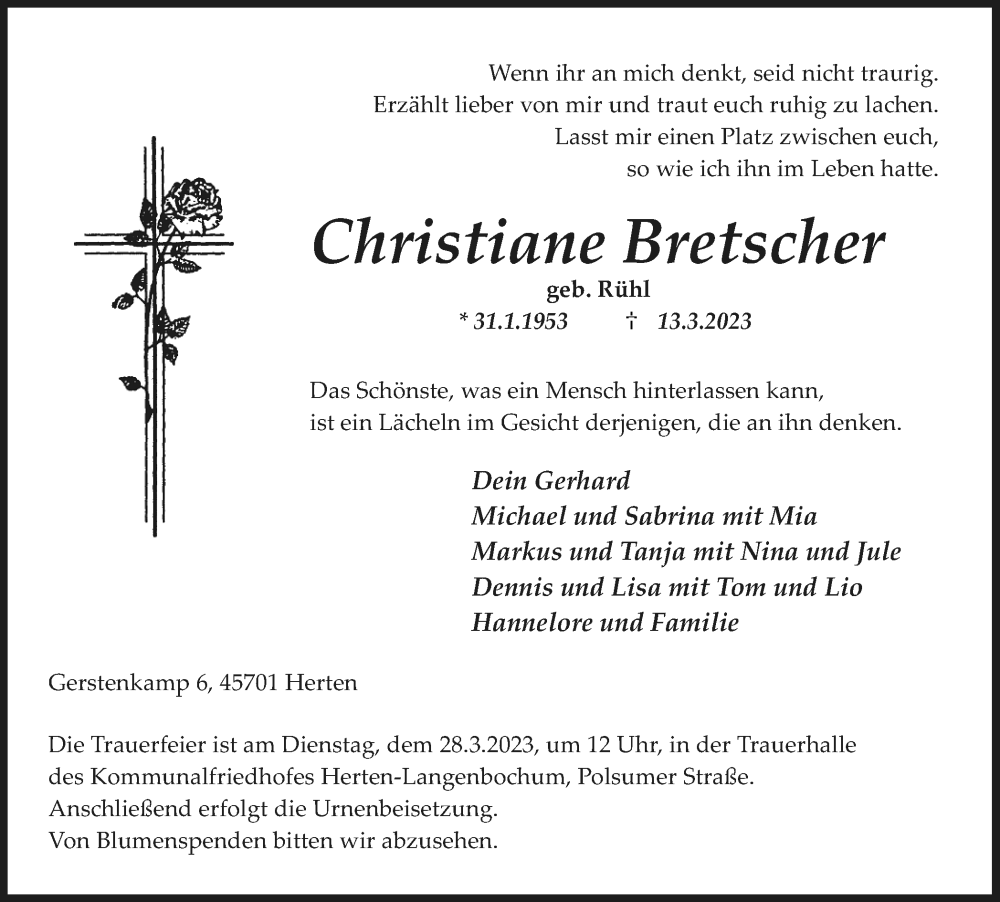  Traueranzeige für Christiane Bretscher vom 18.03.2023 aus Medienhaus Bauer
